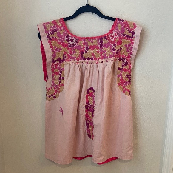 Mi Golondrina Tops - Mi Golondrina Pink Hand Embroidered Mexican Dress Size L Floral Yoke Boho Oaxaca